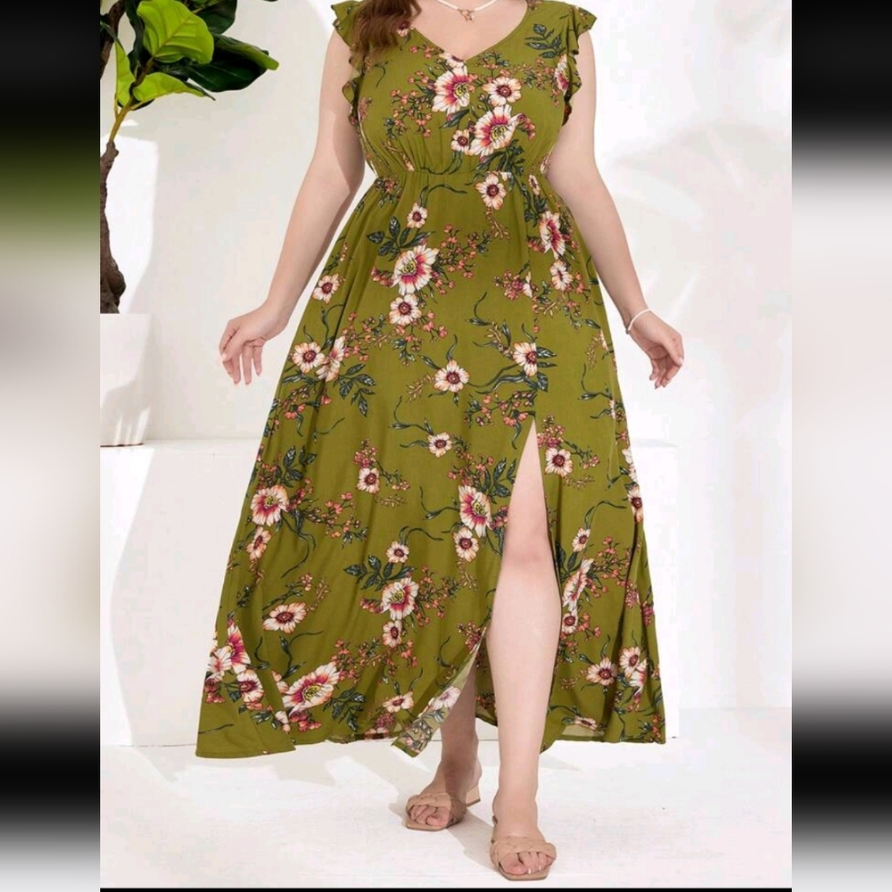 SHEIN Olive Green Floral Flutter Sleeve Dress - Picture 7 of 11